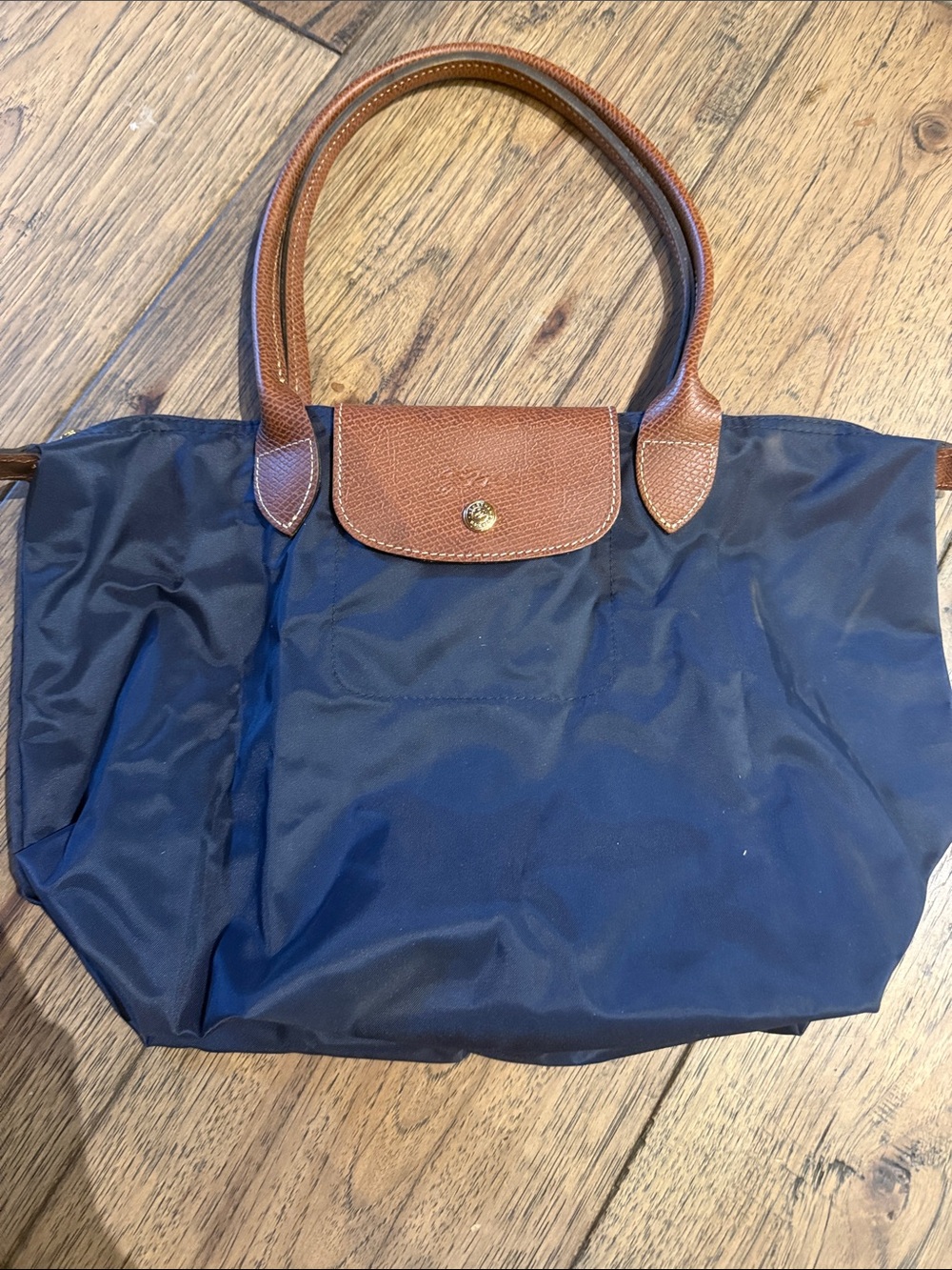 Longchamp Navy Tote with Brown Leather Trim